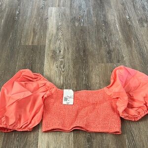 Forever 21 Pink Puff Sleeve Smocked Crop Blouse